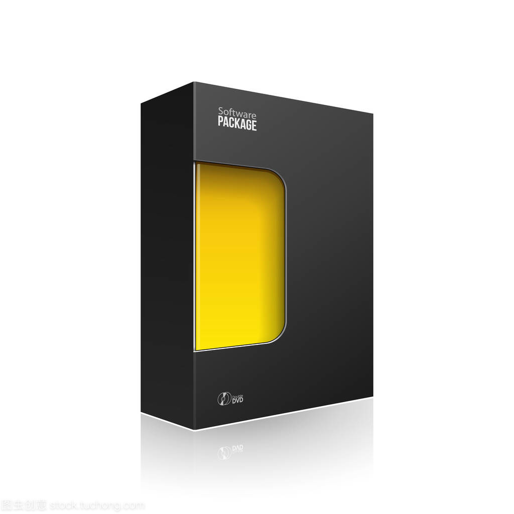 黑色現代軟件產品包裝盒, 帶有黃色橙色窗口, 用于 Dvd 或 Cd 盤。3d 在白色背景上的插圖被隔離。為您的設計做好準備。包裝.矢量 Eps10